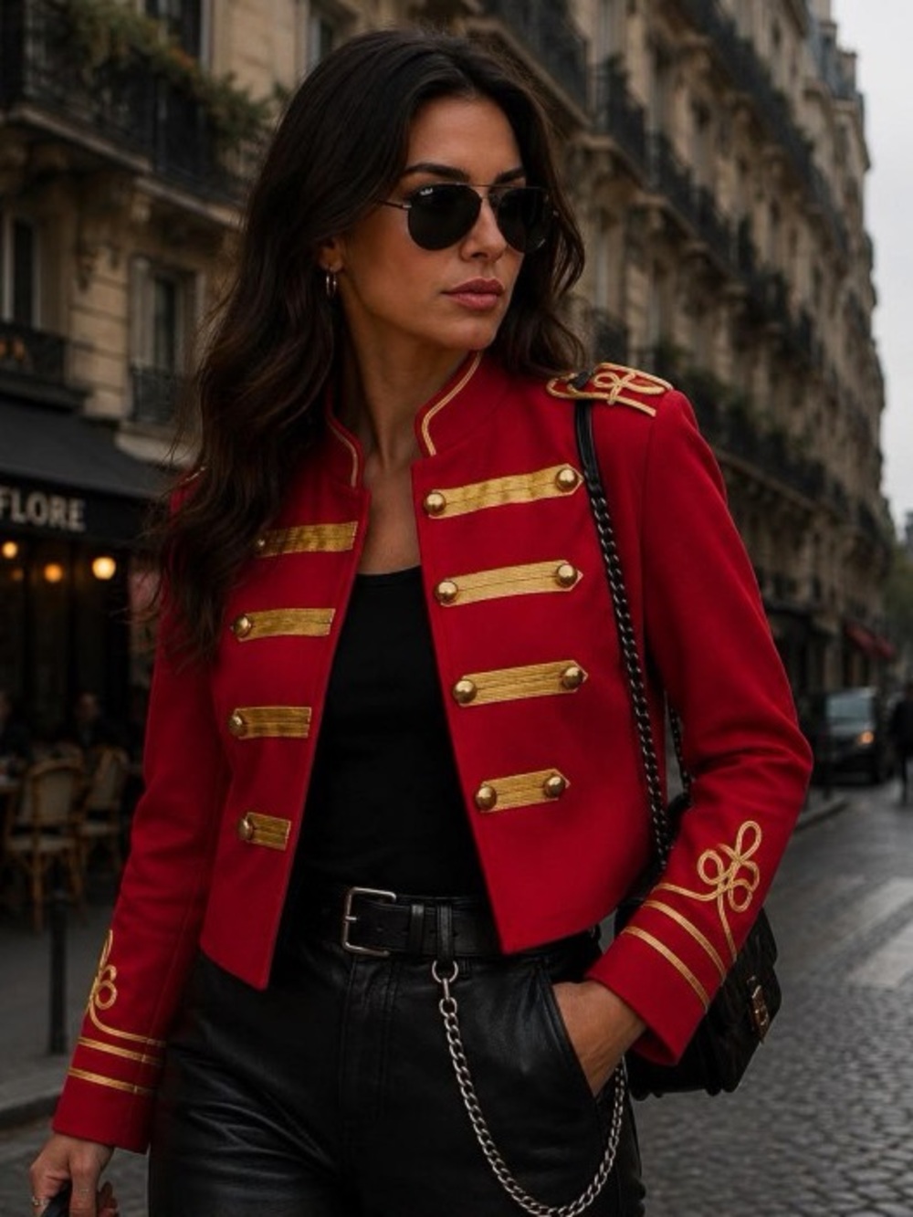 Red Military-Style Women's Cropped Jacket with Gold Trim